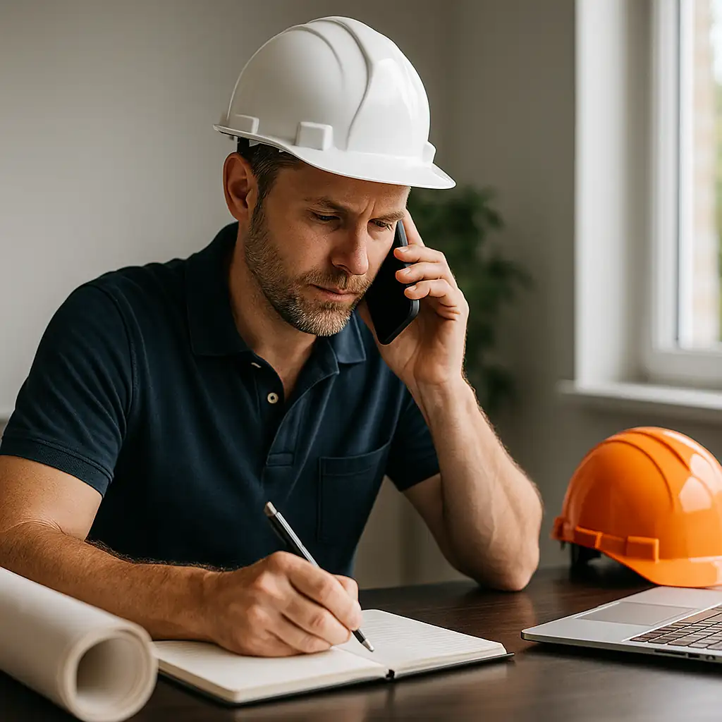 Aannemer aan het bellen met klant tijdens bouwproject – contact opnemen met UW Aannemers in Den Haag