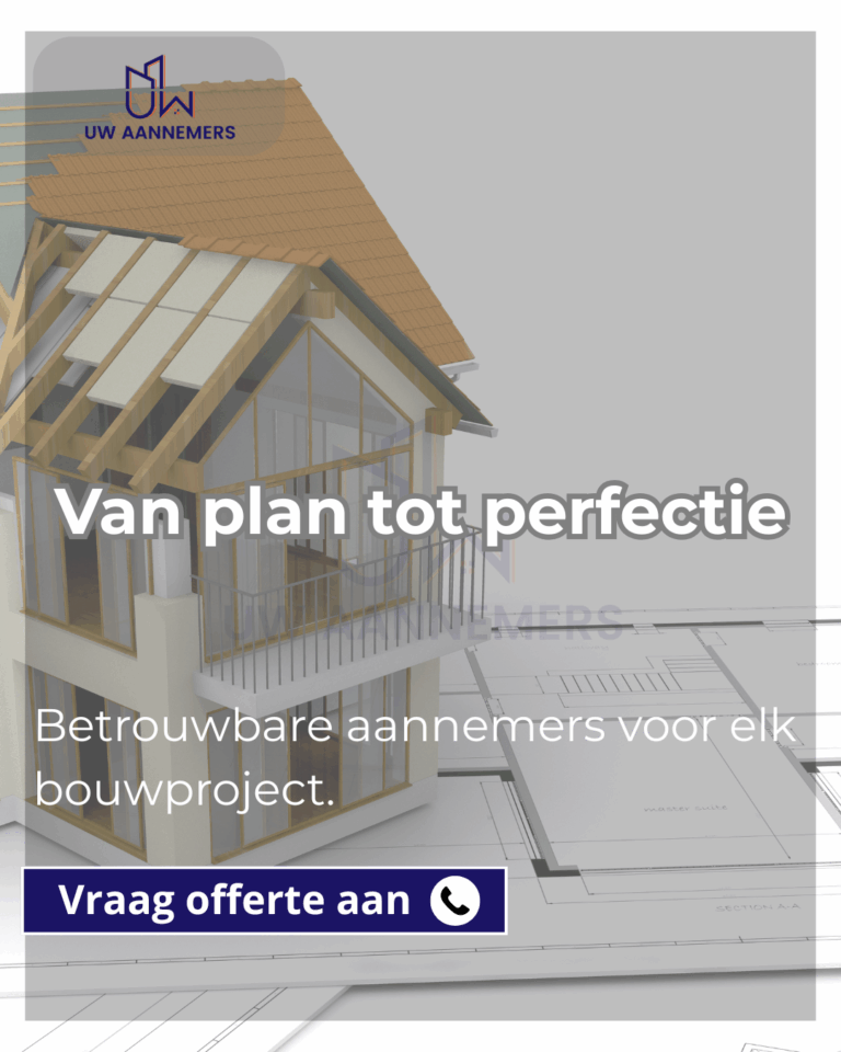 3D visualisatie van woningontwerp met slogan “Van plan tot perfectie” – Uw Aannemers, betrouwbare aannemer in Den Haag en Rotterdam.