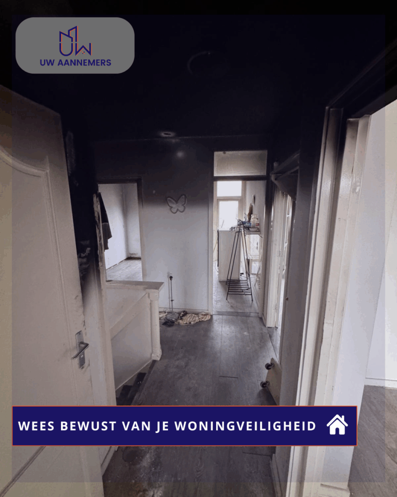 Badkamer met brandschade en roetaanslag als gevolg van een ontbrekende aardlekschakelaar