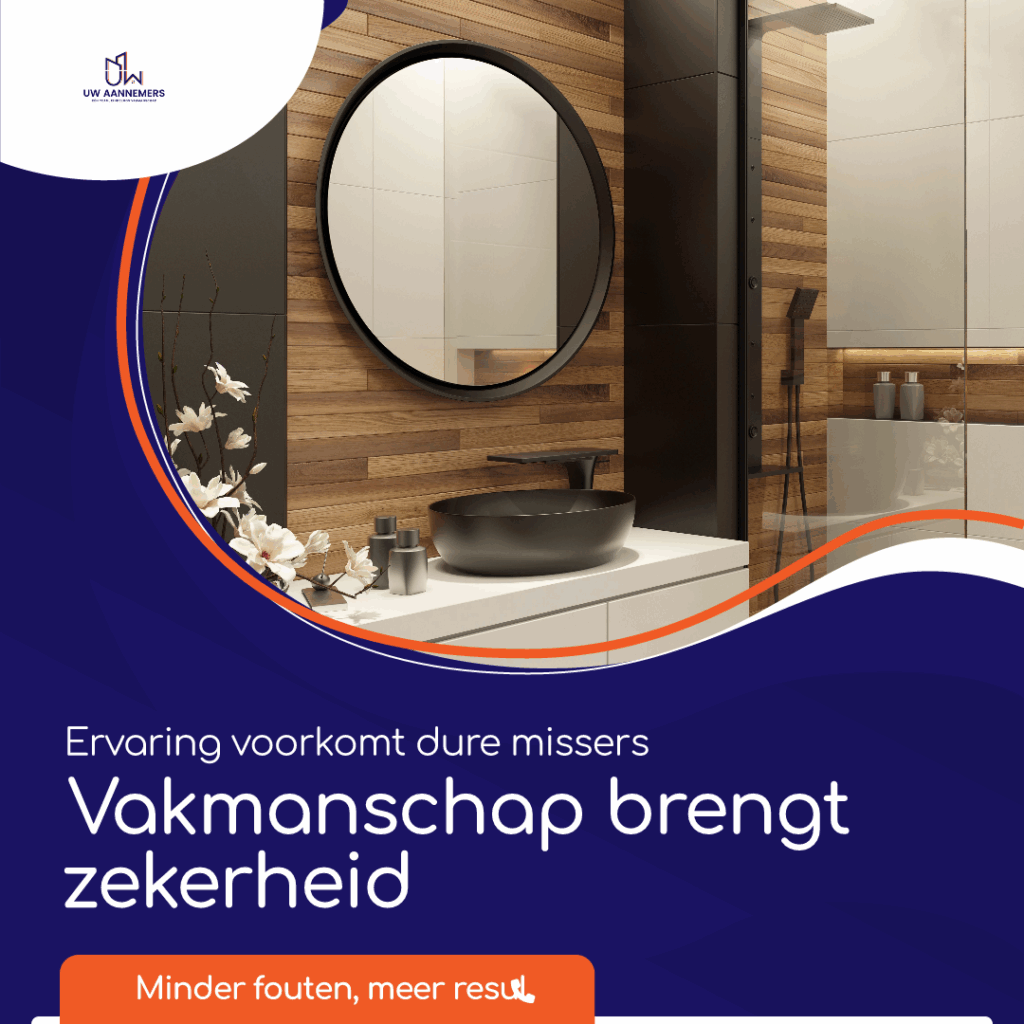 Moderne badkamer met houten wanden en ronde spiegel, met tekst “Vakmanschap brengt zekerheid” – Uw Aannemers