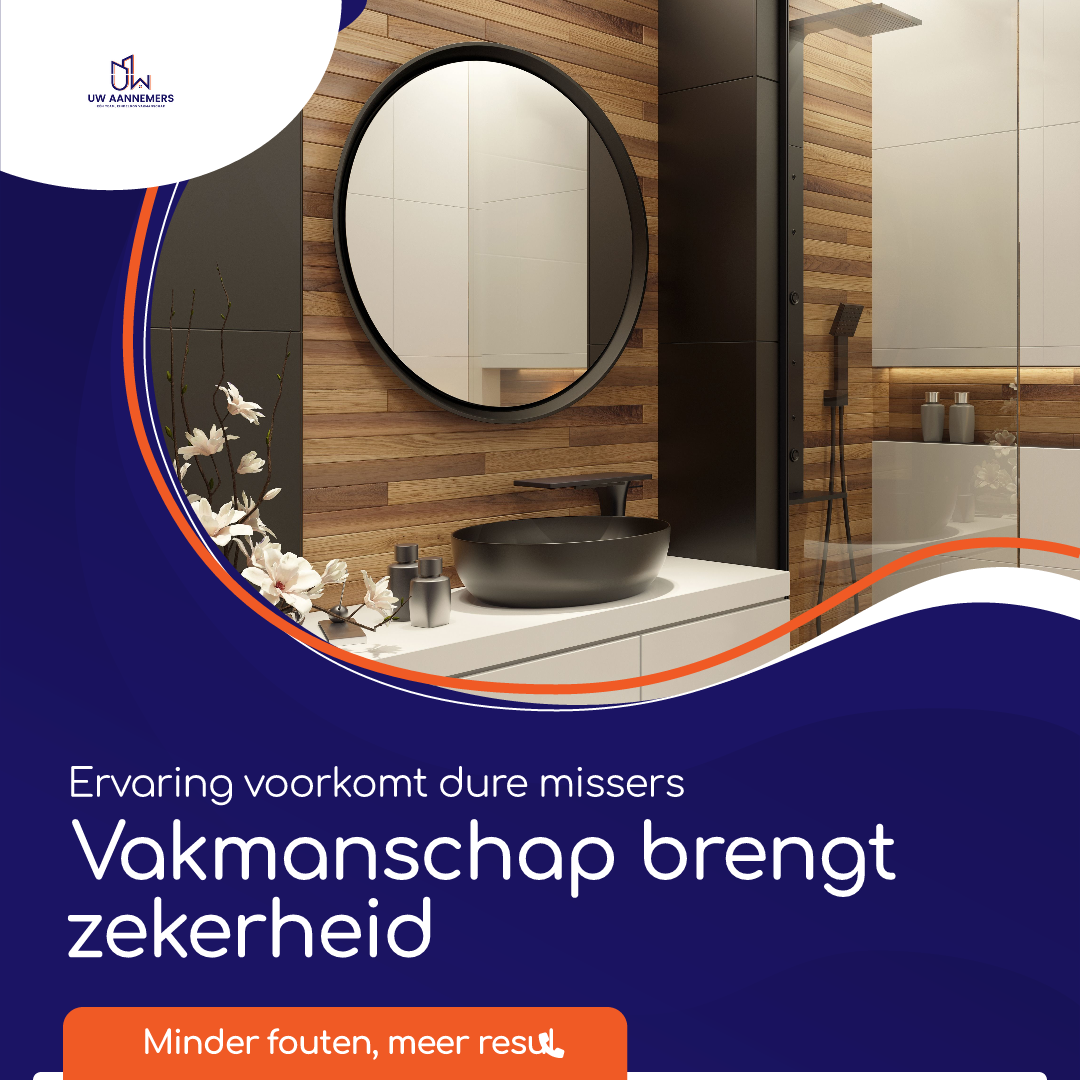 Moderne badkamer met houten wanden en ronde spiegel, met tekst “Vakmanschap brengt zekerheid” – Uw Aannemers