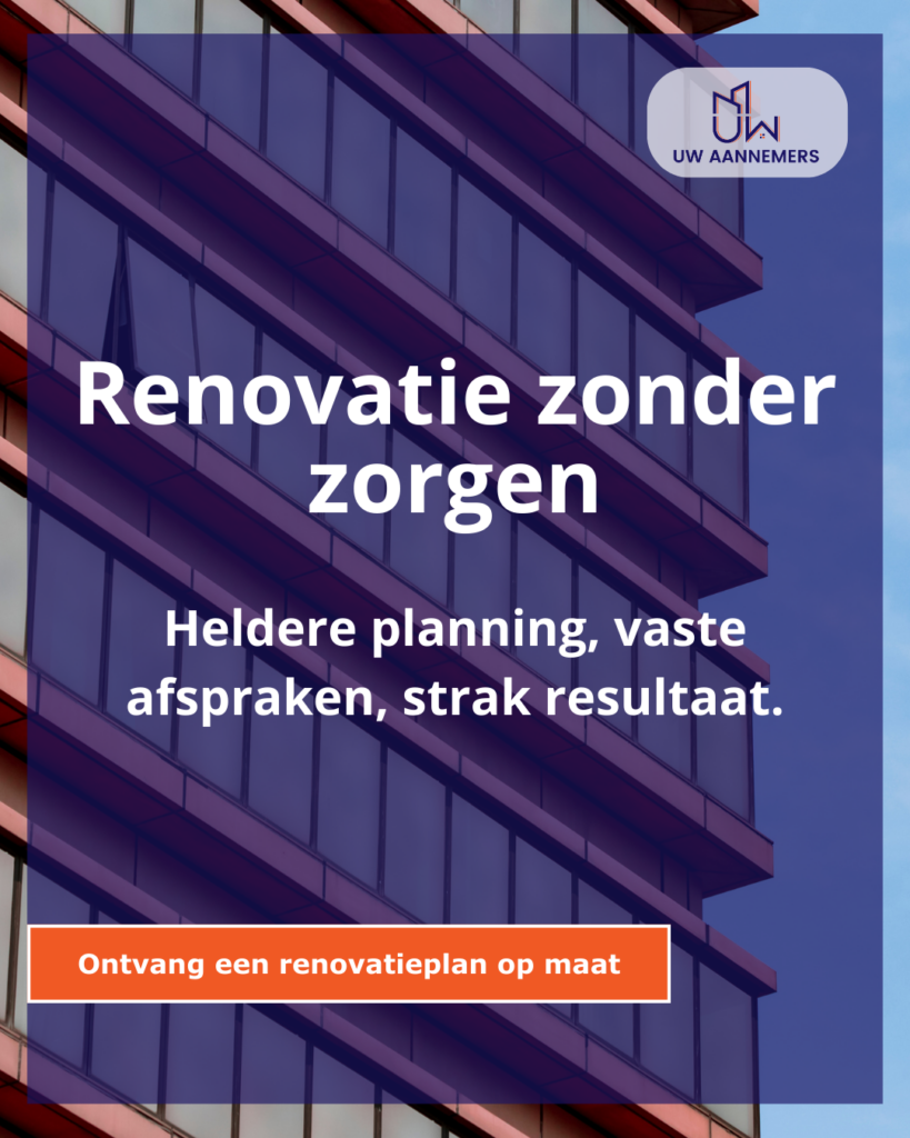 Afbeelding met de tekst ‘Renovatie zonder zorgen’ en de slogan ‘Heldere planning, vaste afspraken, strak resultaat’, geplaatst voor een modern gebouw.
