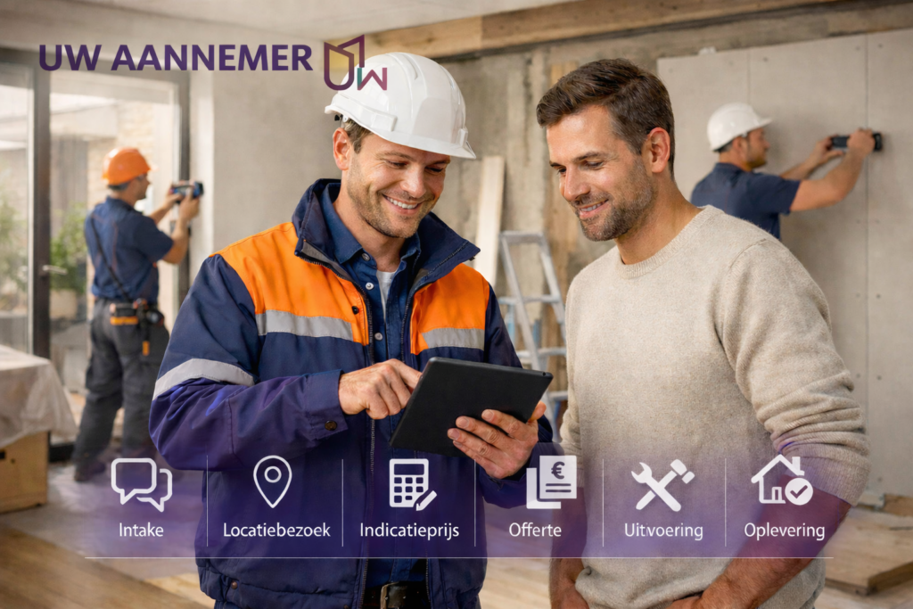 Projectleider van Uw Aannemers bespreekt verbouwing met klant op tablet; stappen onderaan: Intake, Locatiebezoek, Raming, Offerte, Uitvoering, Oplevering.